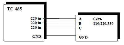 Рис.1. Схема подключения модуля ТС485 к 3-х фазной сети переменного тока